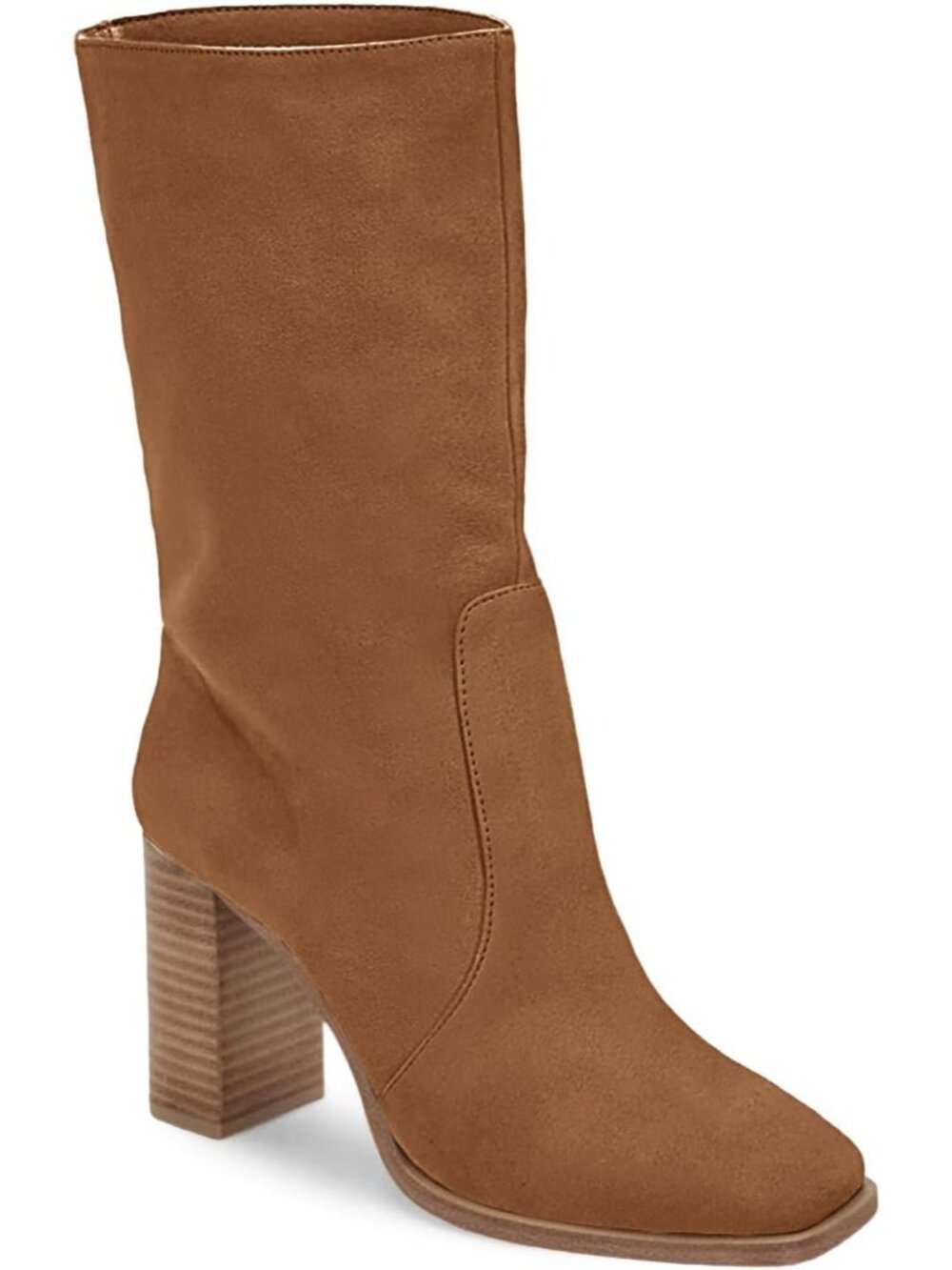 Women’s Brown Suede Chunky Stacked Square Toe Side Zipper Fashion Mid-calf Boots